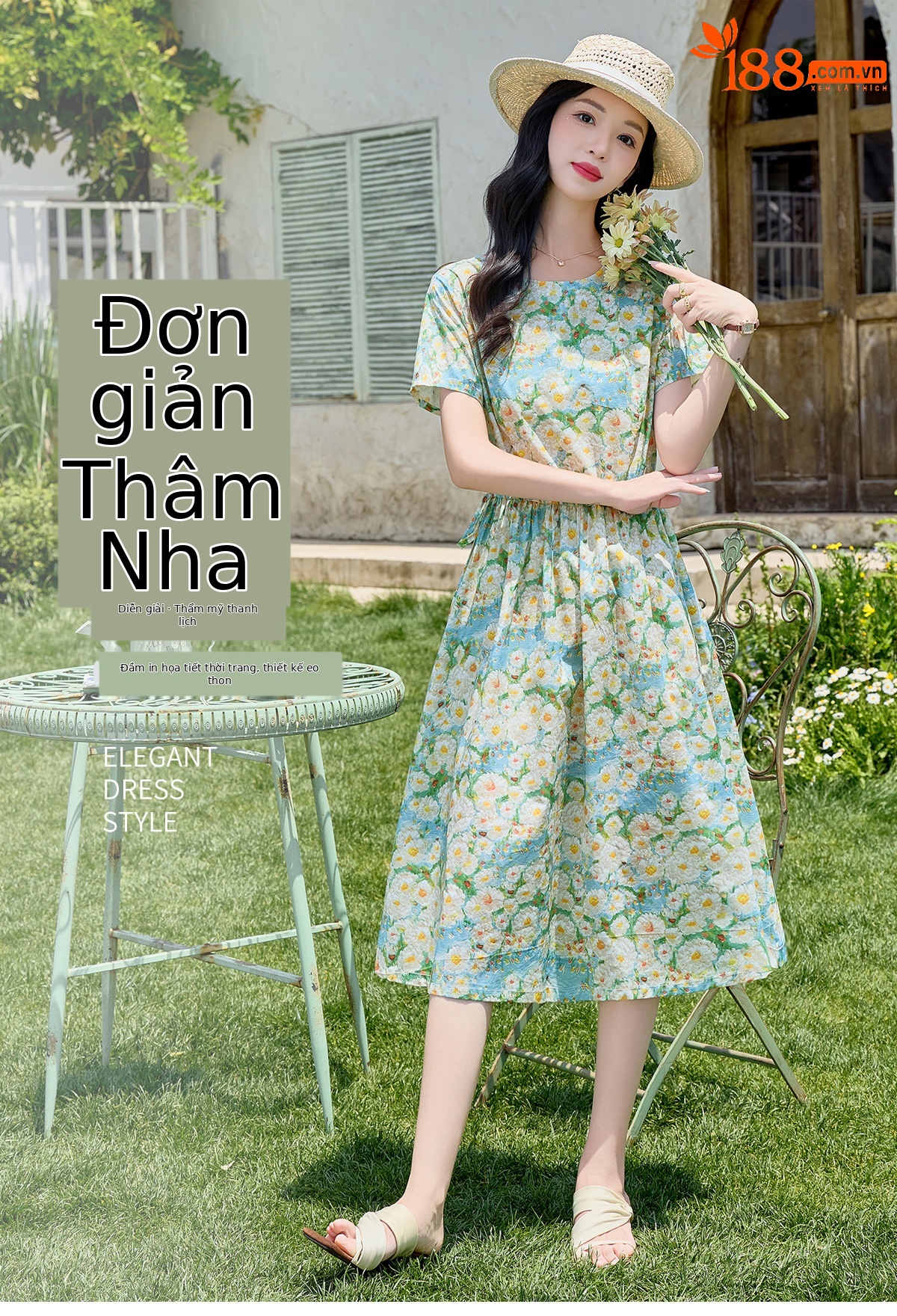 Đầm maxi nữ thắt eo họa tiết hoa nhí màu xanh lá dáng suông dài — Xanh lá cây nhạtcolor chi tiết 1