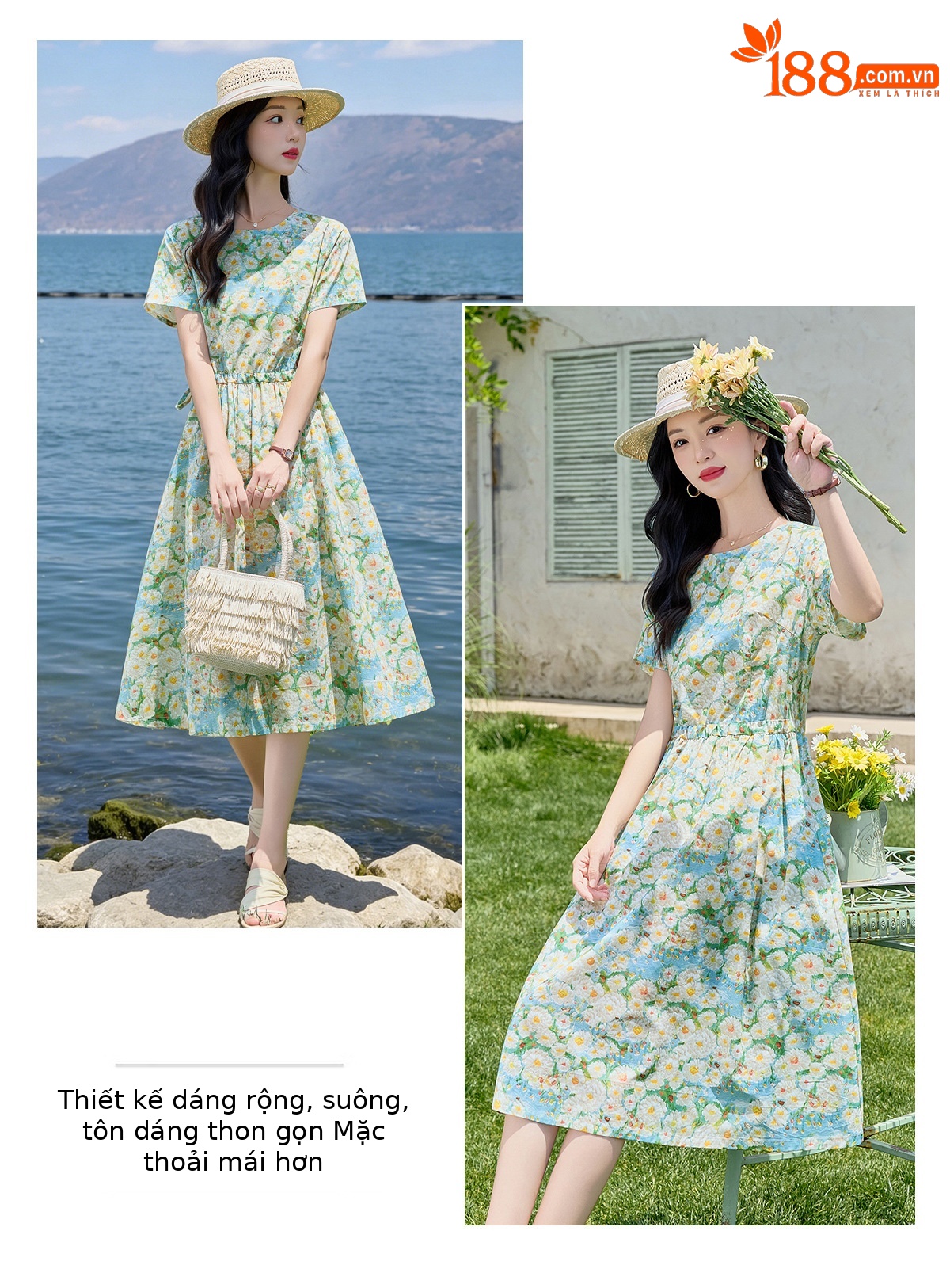 Đầm maxi nữ thắt eo họa tiết hoa nhí màu xanh lá dáng suông dài — Xanh lá cây nhạtcolor chi tiết 5
