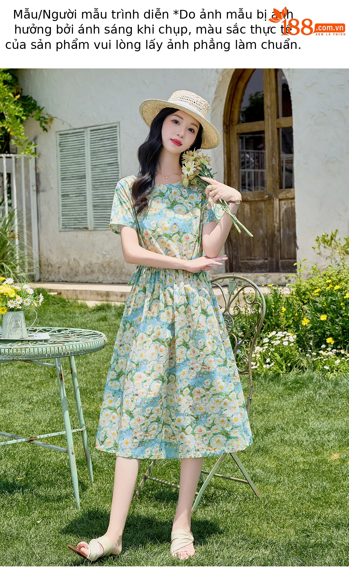 Đầm maxi nữ thắt eo họa tiết hoa nhí màu xanh lá dáng suông dài — Xanh lá cây nhạtcolor chi tiết 12