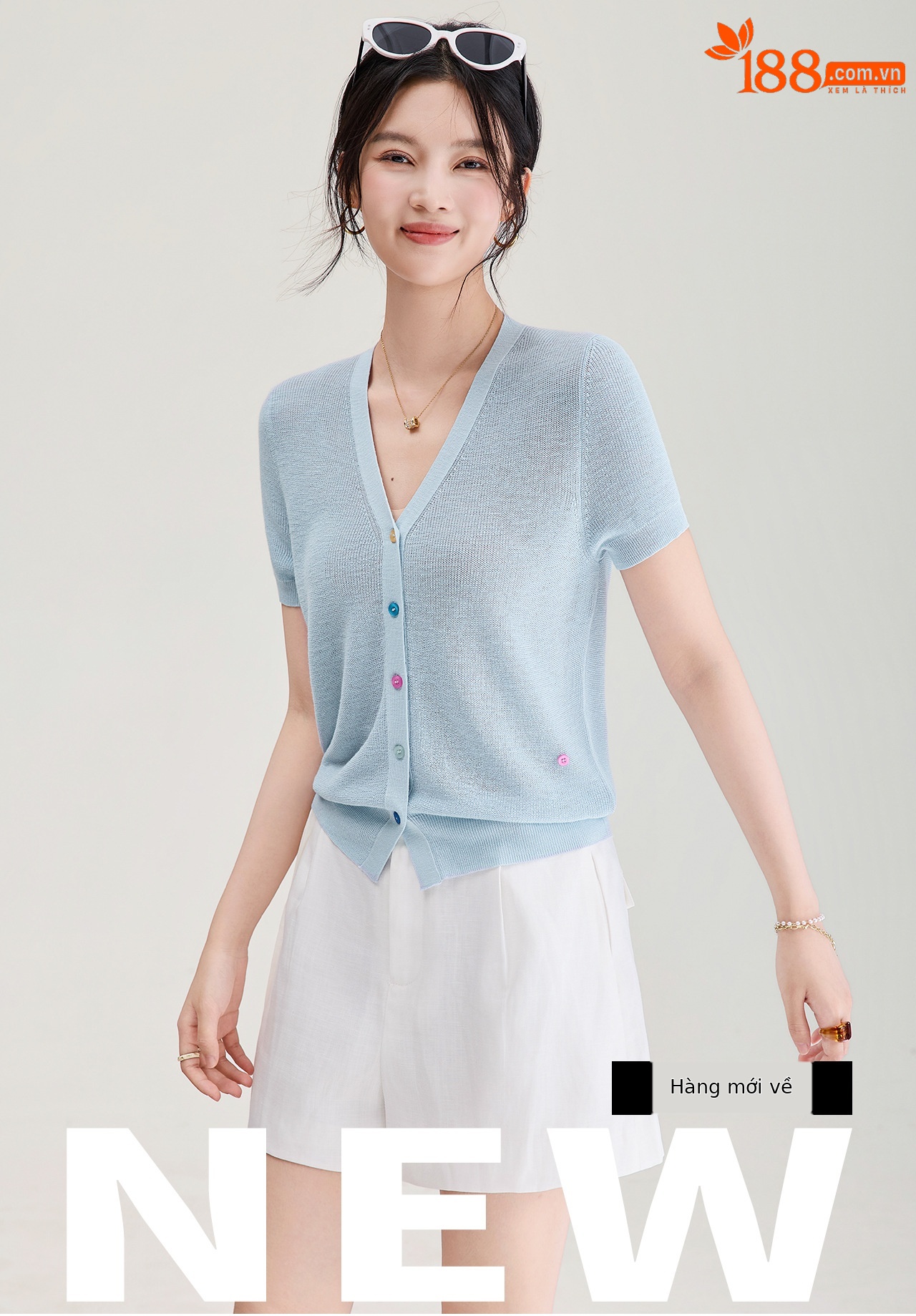 Áo cardigan nữ cổ V dệt kim sợi lanh siêu mịn, cúc màu, thoáng mát mùa hè — xanh lam chi tiết 1