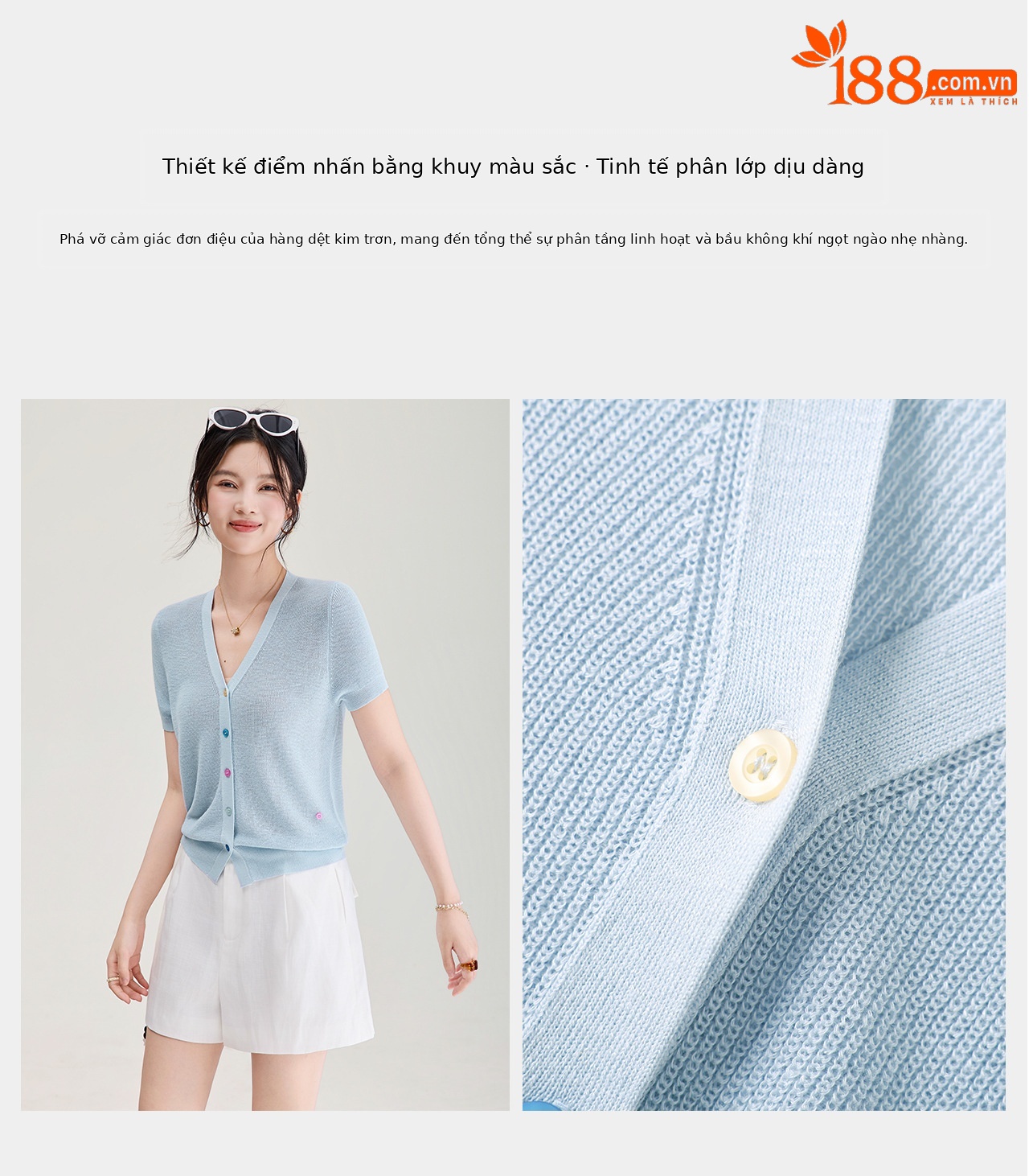 Áo cardigan nữ cổ V dệt kim sợi lanh siêu mịn, cúc màu, thoáng mát mùa hè — xanh lam chi tiết 10