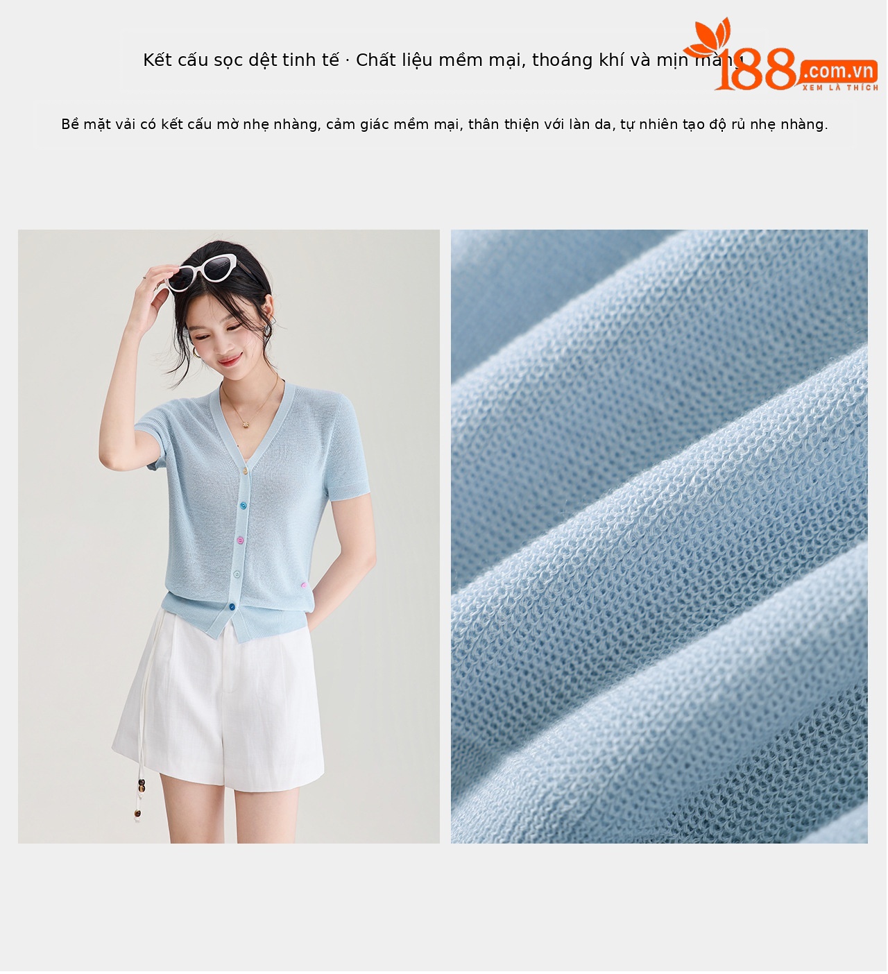 Áo cardigan nữ cổ V dệt kim sợi lanh siêu mịn, cúc màu, thoáng mát mùa hè — xanh lam chi tiết 11