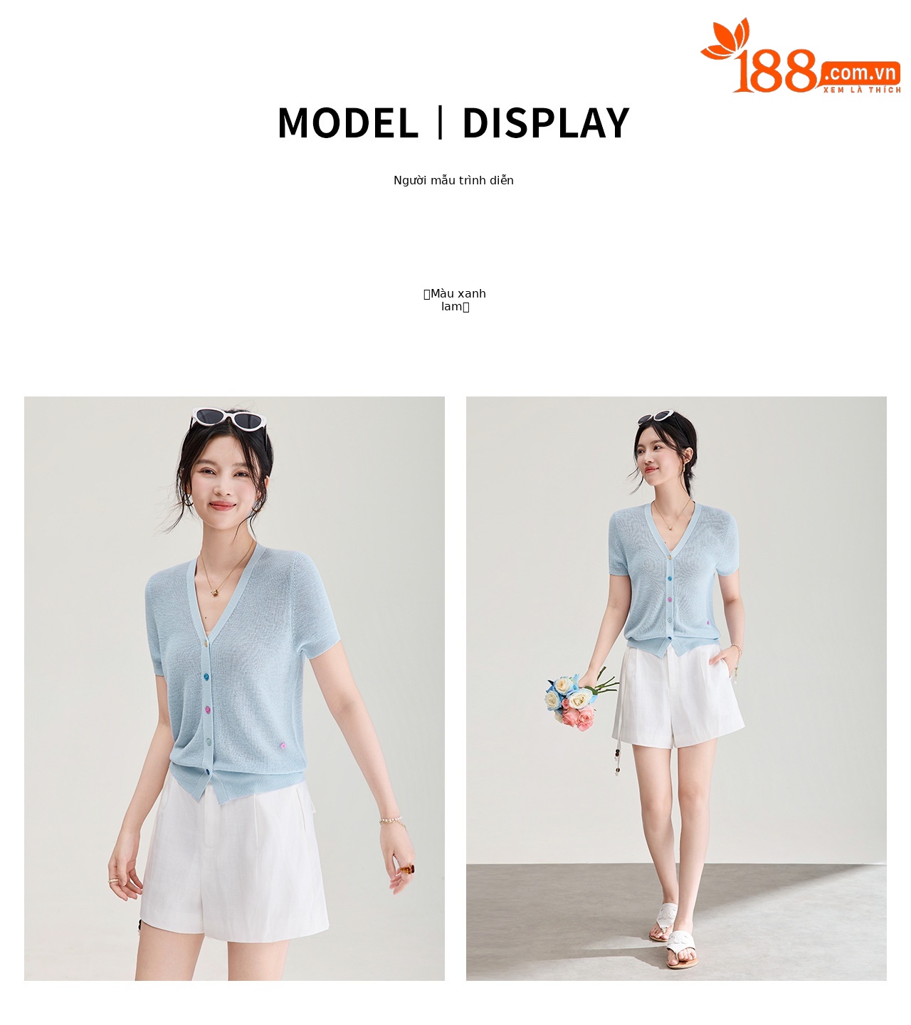 Áo cardigan nữ cổ V dệt kim sợi lanh siêu mịn, cúc màu, thoáng mát mùa hè — xanh lam chi tiết 13
