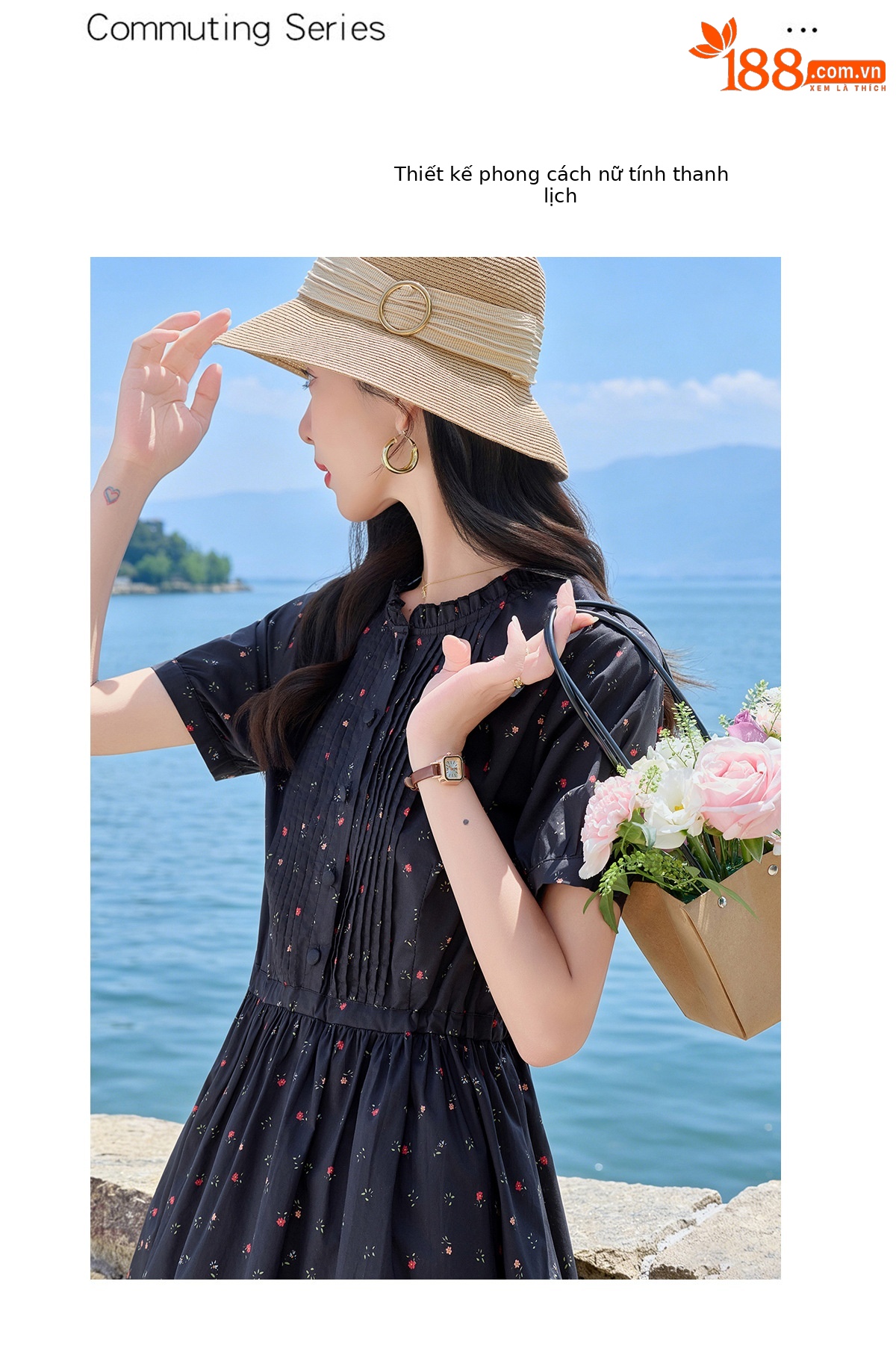 Đầm maxi nữ thắt eo in họa tiết hoa cổ điển tay ngắn — Xanh lông mòng đen chi tiết 3