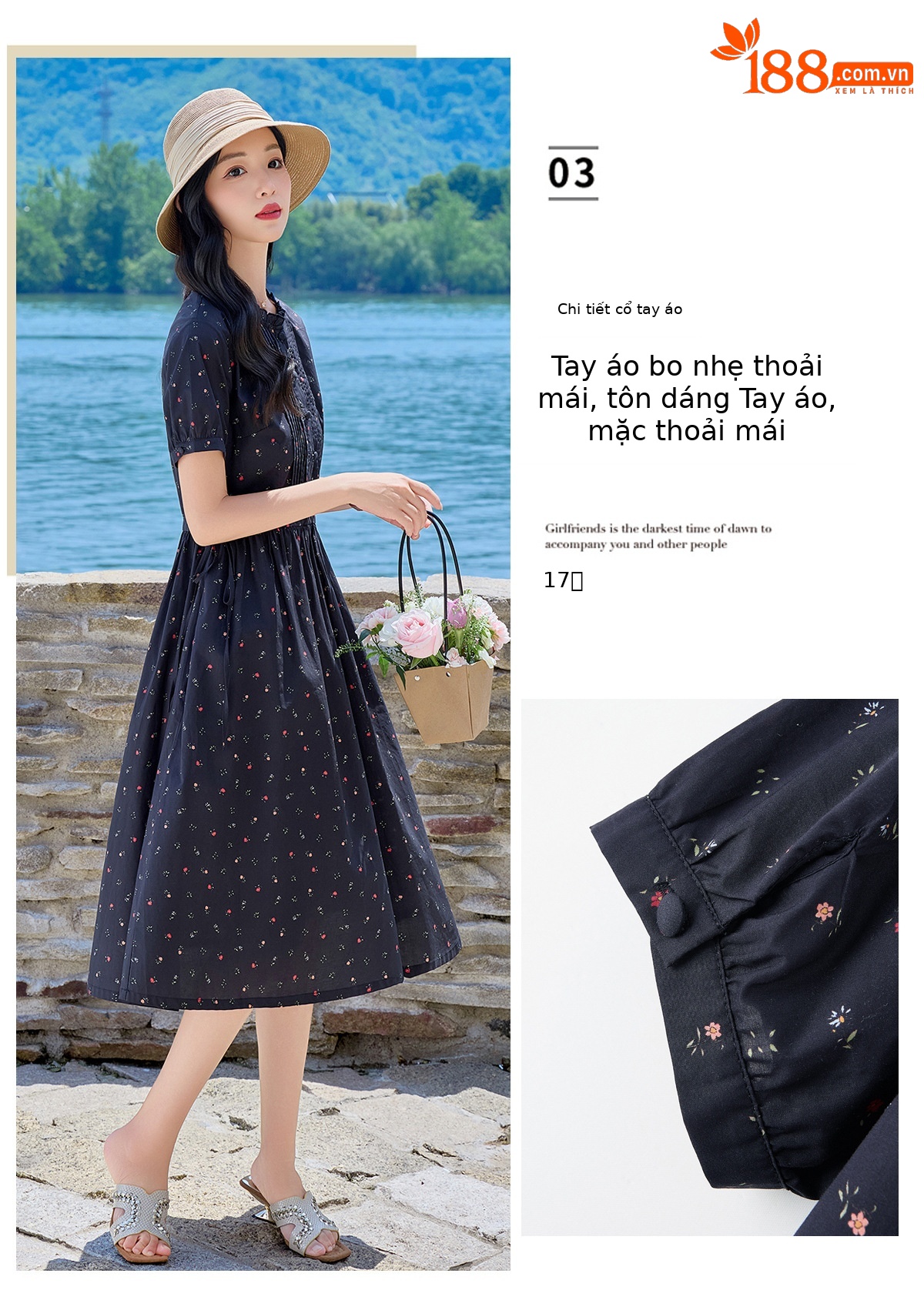 Đầm maxi nữ thắt eo in họa tiết hoa cổ điển tay ngắn — Xanh lông mòng đen chi tiết 8