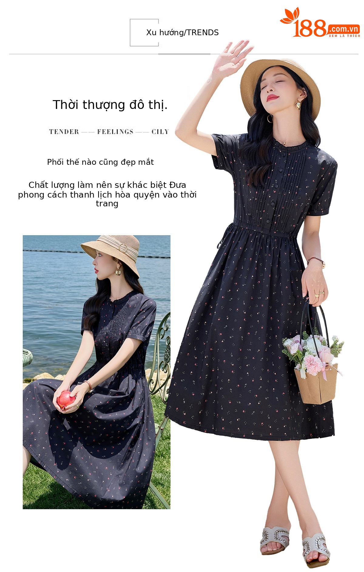 Đầm maxi nữ thắt eo in họa tiết hoa cổ điển tay ngắn — Xanh lông mòng đen chi tiết 2
