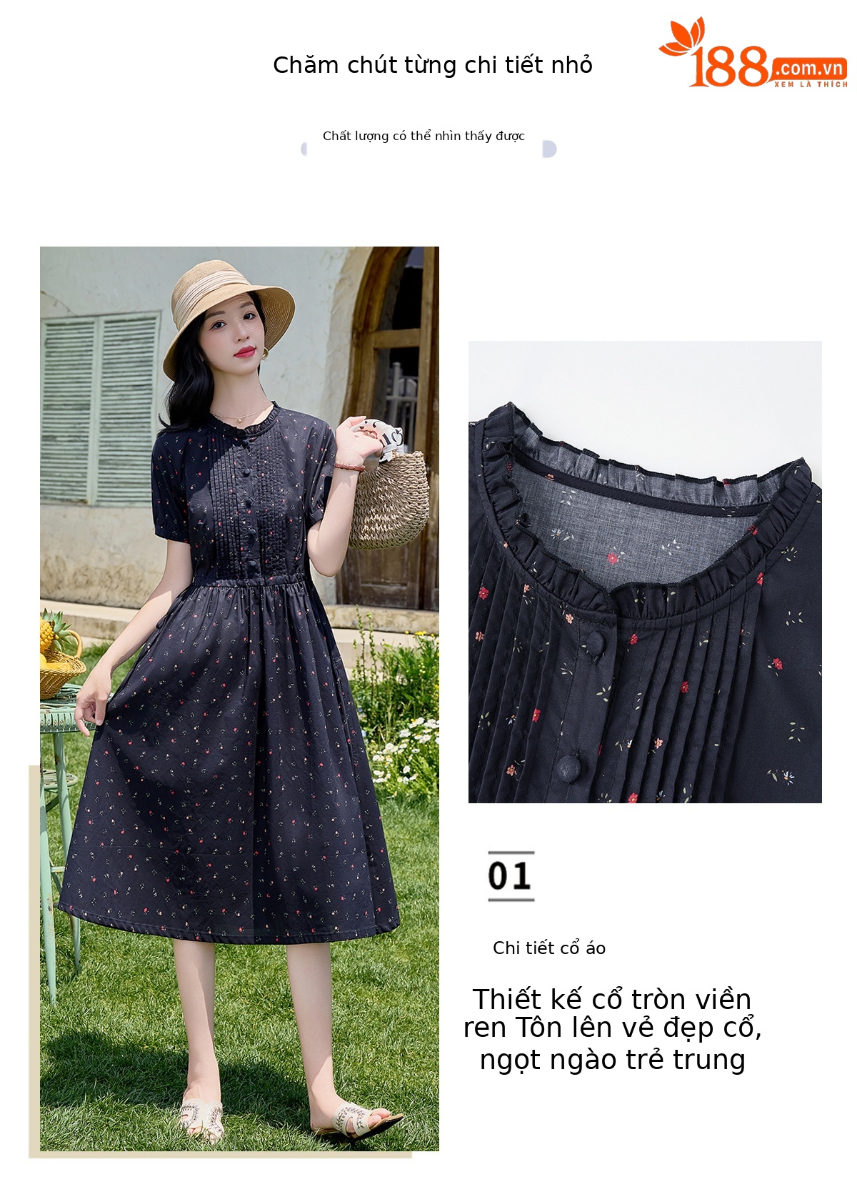 Đầm maxi nữ thắt eo in họa tiết hoa cổ điển tay ngắn — Xanh lông mòng đen chi tiết 6