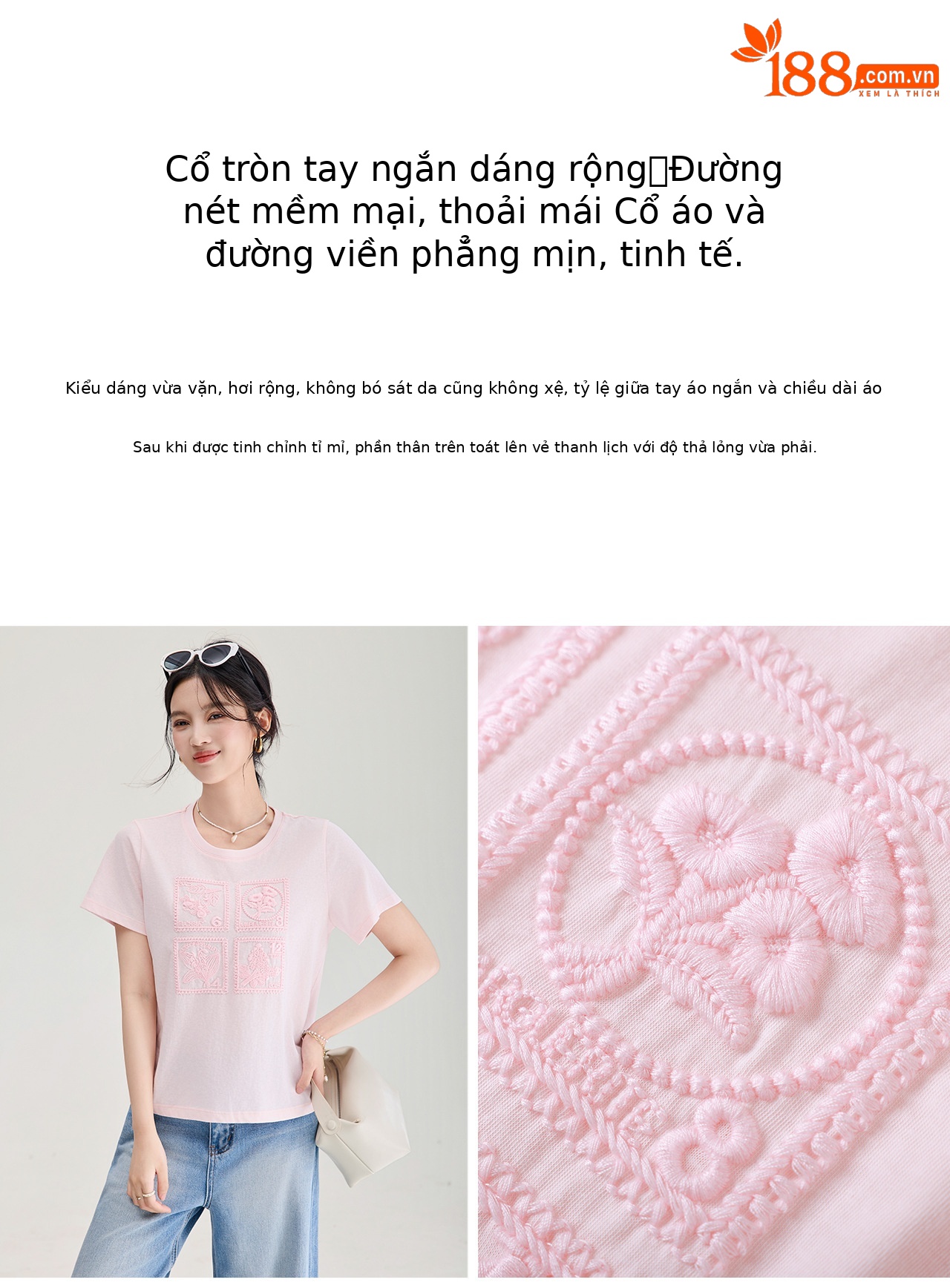 Áo thun nữ cổ tròn tay ngắn thêu họa tiết nặng dầu form ôm — màu hồng anh đào chi tiết 8