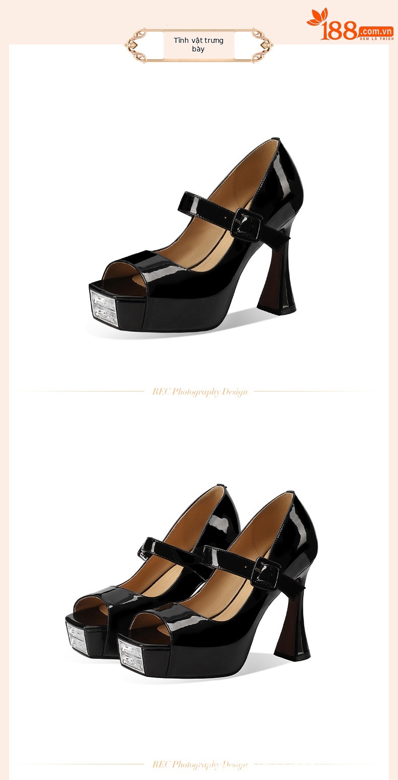 Sandal cao gót nữ hở mũi quai ngang khóa, gót vuông 9 cm, đế platform — đen chi tiết 2