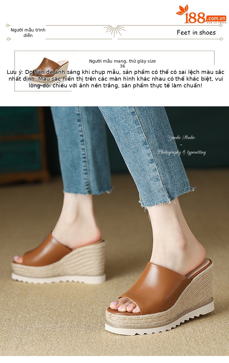 Sandal cao gót nữ hở mũi đế xuồng đan rơm phong cách La Mã — màu nâu, màu trắng ngà chi tiết 3