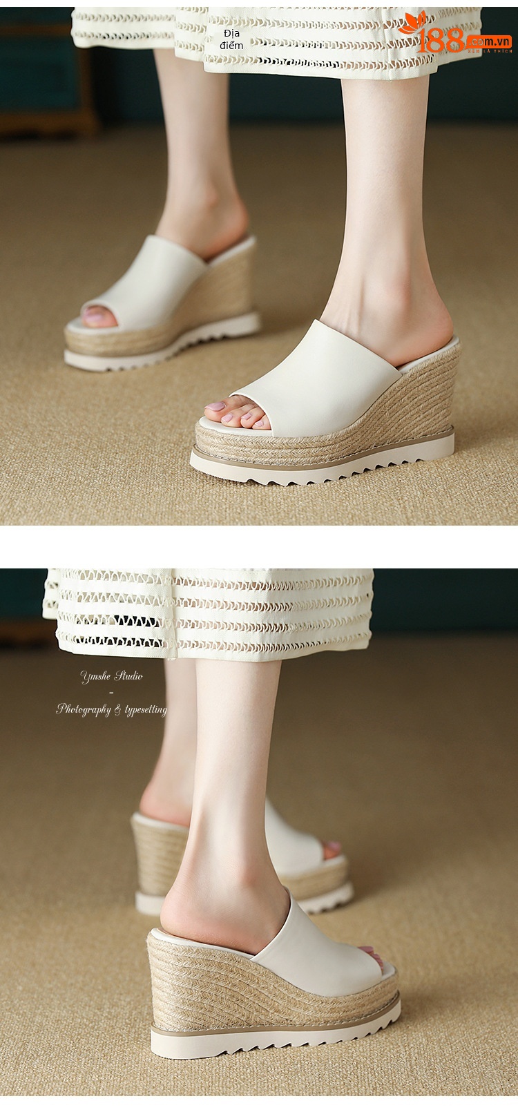 Sandal cao gót nữ hở mũi đế xuồng đan rơm phong cách La Mã — màu nâu, màu trắng ngà chi tiết 6