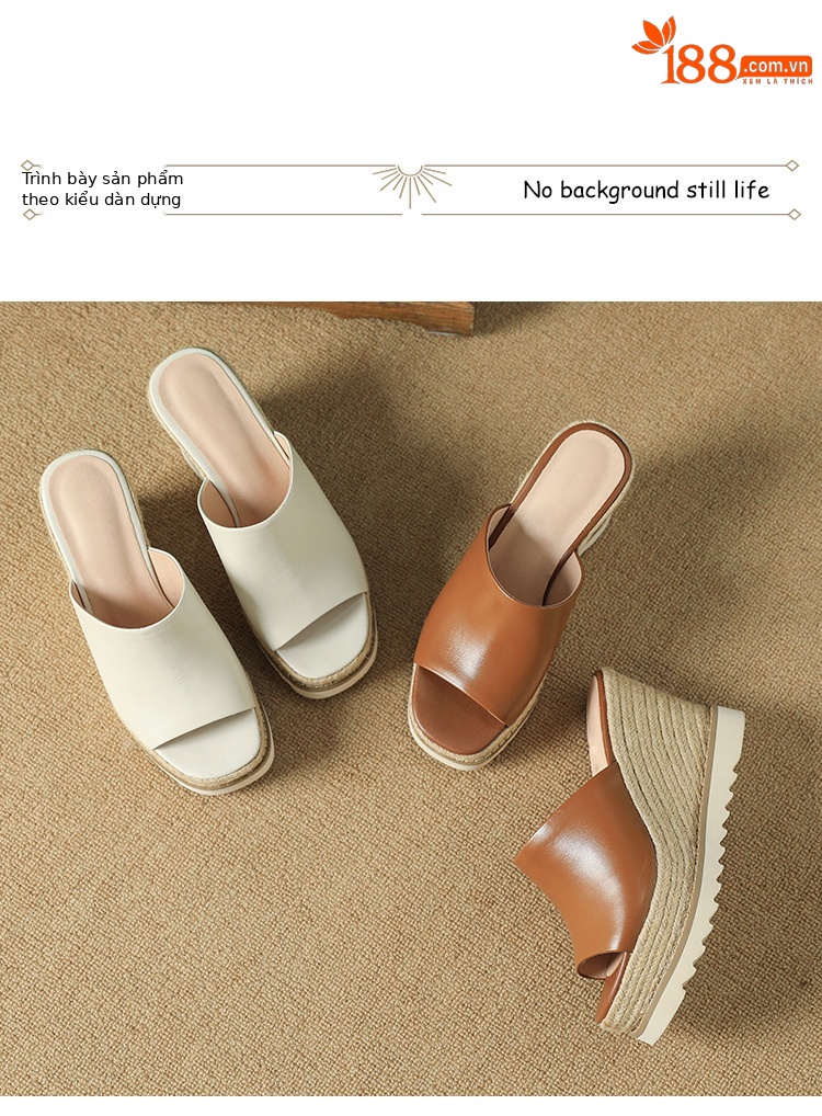 Sandal cao gót nữ hở mũi đế xuồng đan rơm phong cách La Mã — màu nâu, màu trắng ngà chi tiết 9