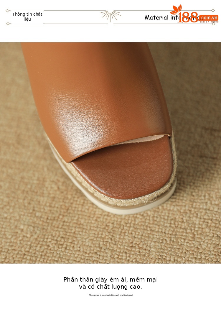 Sandal cao gót nữ hở mũi đế xuồng đan rơm phong cách La Mã — màu nâu, màu trắng ngà chi tiết 12