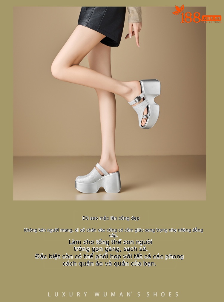 Sandal cao gót nữ đế xuồng platform 10 cm, mũi kín, quai ngang, dáng điệu nhẹ nhàng — màu đen, Vàng nhạt, bạc chi tiết 2