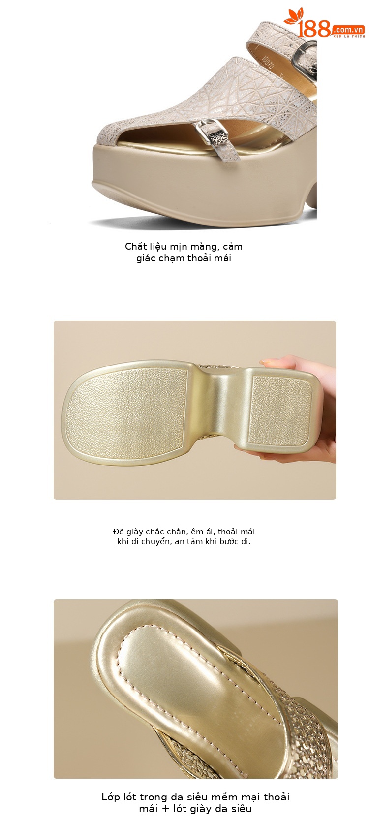 Sandal cao gót nữ đế xuồng platform 10 cm, mũi kín, quai ngang, dáng điệu nhẹ nhàng — màu đen, Vàng nhạt, bạc chi tiết 4