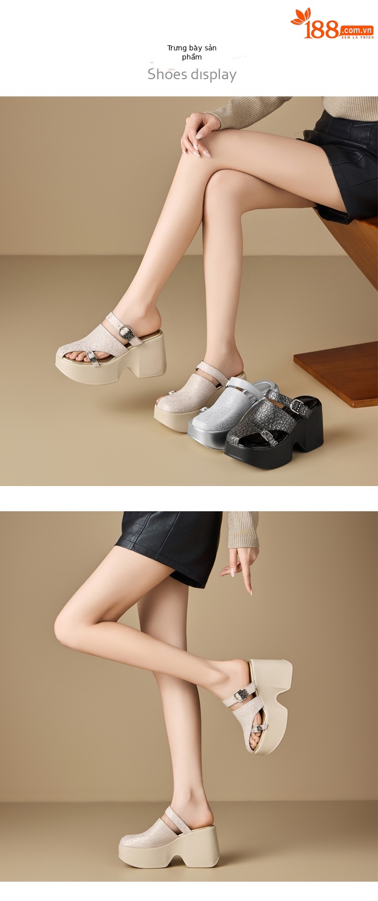 Sandal cao gót nữ đế xuồng platform 10 cm, mũi kín, quai ngang, dáng điệu nhẹ nhàng — màu đen, Vàng nhạt, bạc chi tiết 5