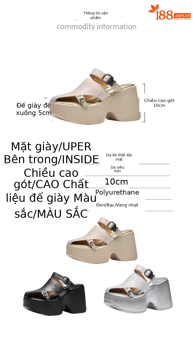 Sandal cao gót nữ đế xuồng platform 10 cm, mũi kín, quai ngang, dáng điệu nhẹ nhàng — màu đen, Vàng nhạt, bạc chi tiết 3
