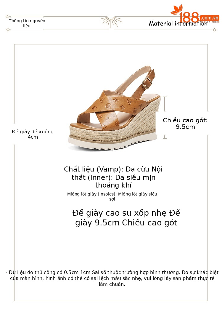 Sandal nữ gót xuồng cao hở mũi, quai chéo mũi vuông, đế dày bện thừng — màu nâu chi tiết 2