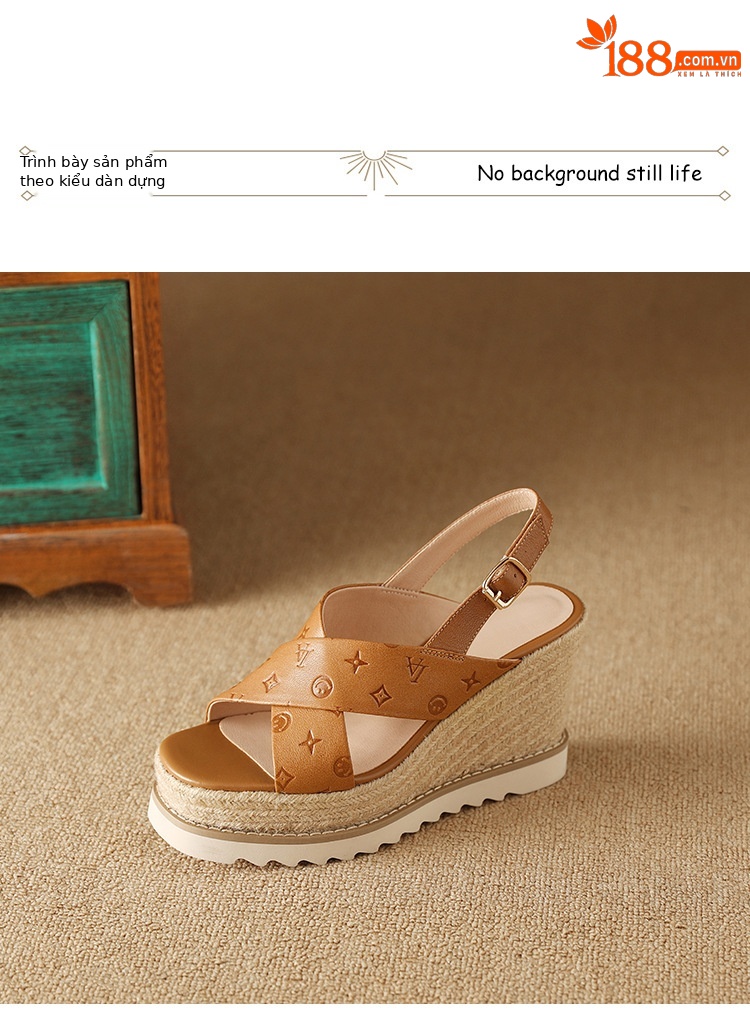 Sandal nữ gót xuồng cao hở mũi, quai chéo mũi vuông, đế dày bện thừng — màu nâu chi tiết 8