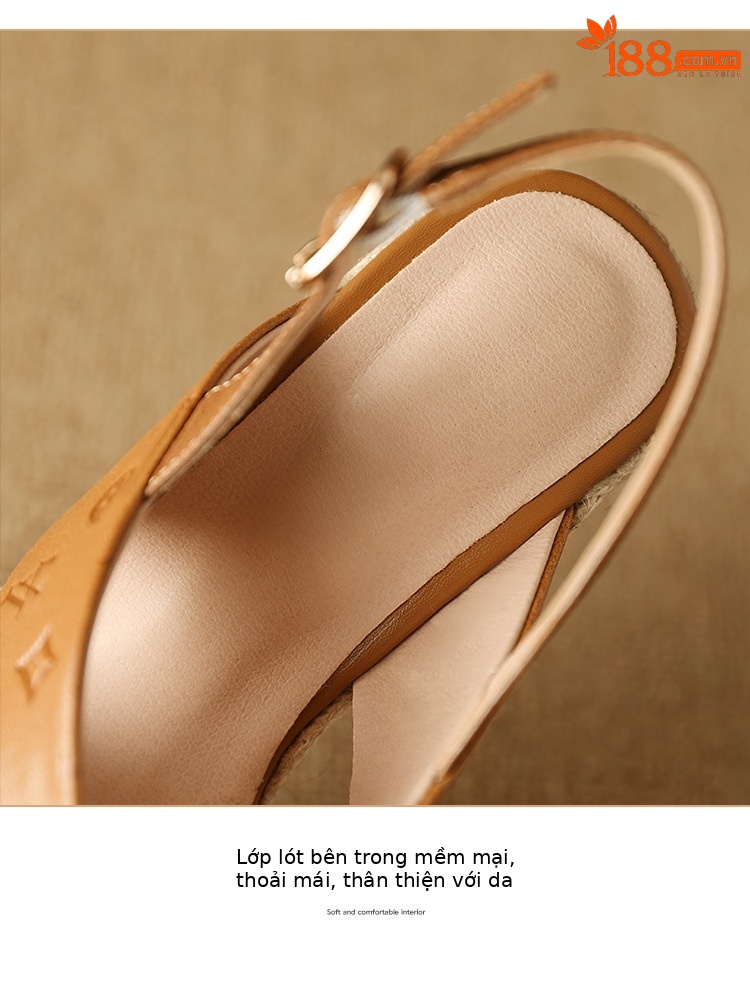 Sandal nữ gót xuồng cao hở mũi, quai chéo mũi vuông, đế dày bện thừng — màu nâu chi tiết 11