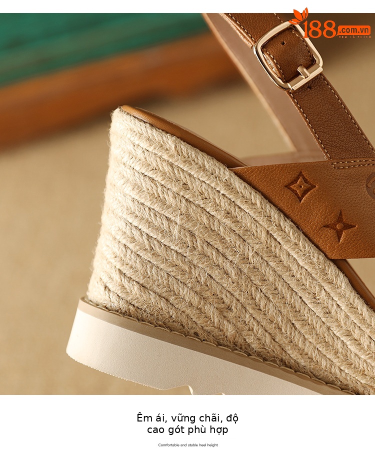 Sandal nữ gót xuồng cao hở mũi, quai chéo mũi vuông, đế dày bện thừng — màu nâu chi tiết 12