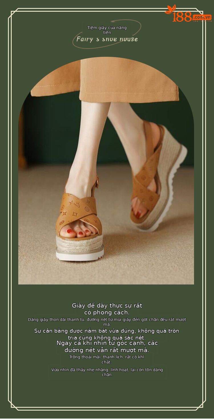 Sandal nữ gót xuồng cao hở mũi, quai chéo mũi vuông, đế dày bện thừng — màu nâu chi tiết 1