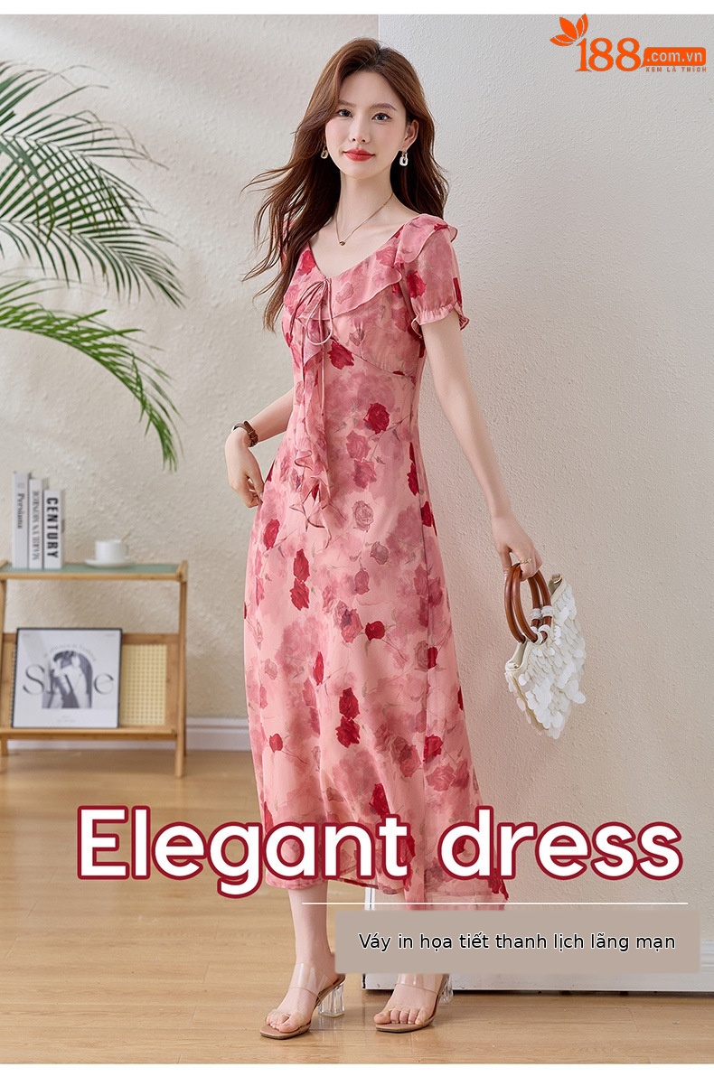 Đầm maxi nữ hoa hồng cổ V tay ngắn thắt eo — Hồng lãng mạn chi tiết 1