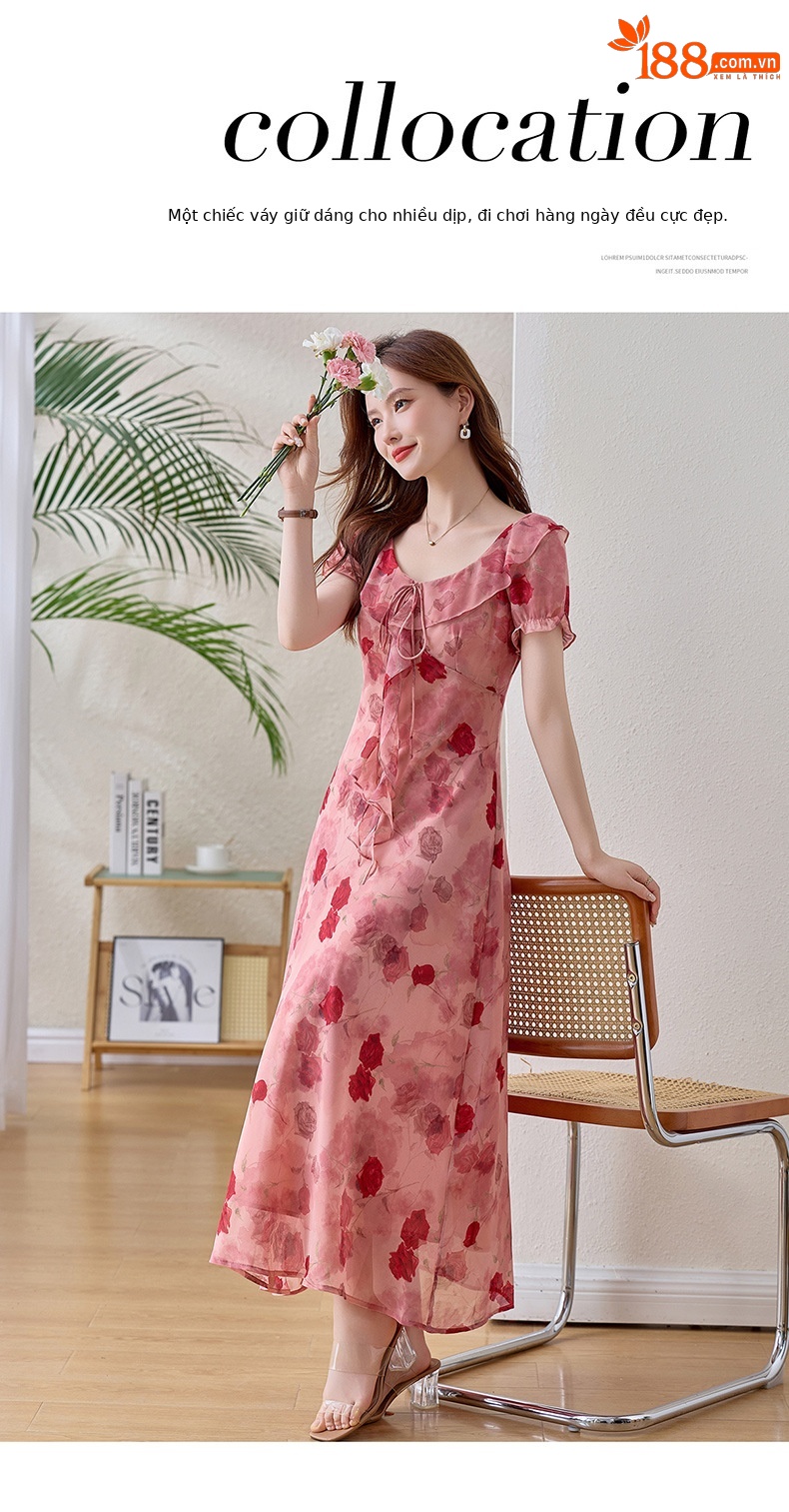 Đầm maxi nữ hoa hồng cổ V tay ngắn thắt eo — Hồng lãng mạn chi tiết 3