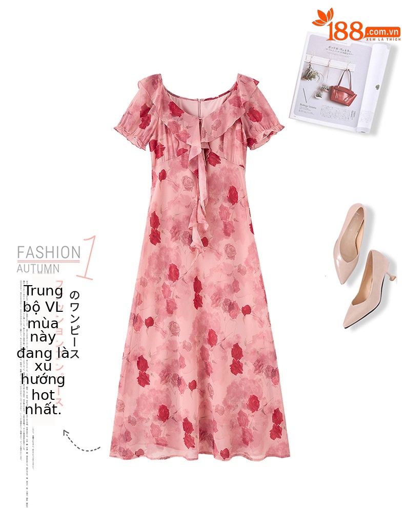 Đầm maxi nữ hoa hồng cổ V tay ngắn thắt eo — Hồng lãng mạn chi tiết 4
