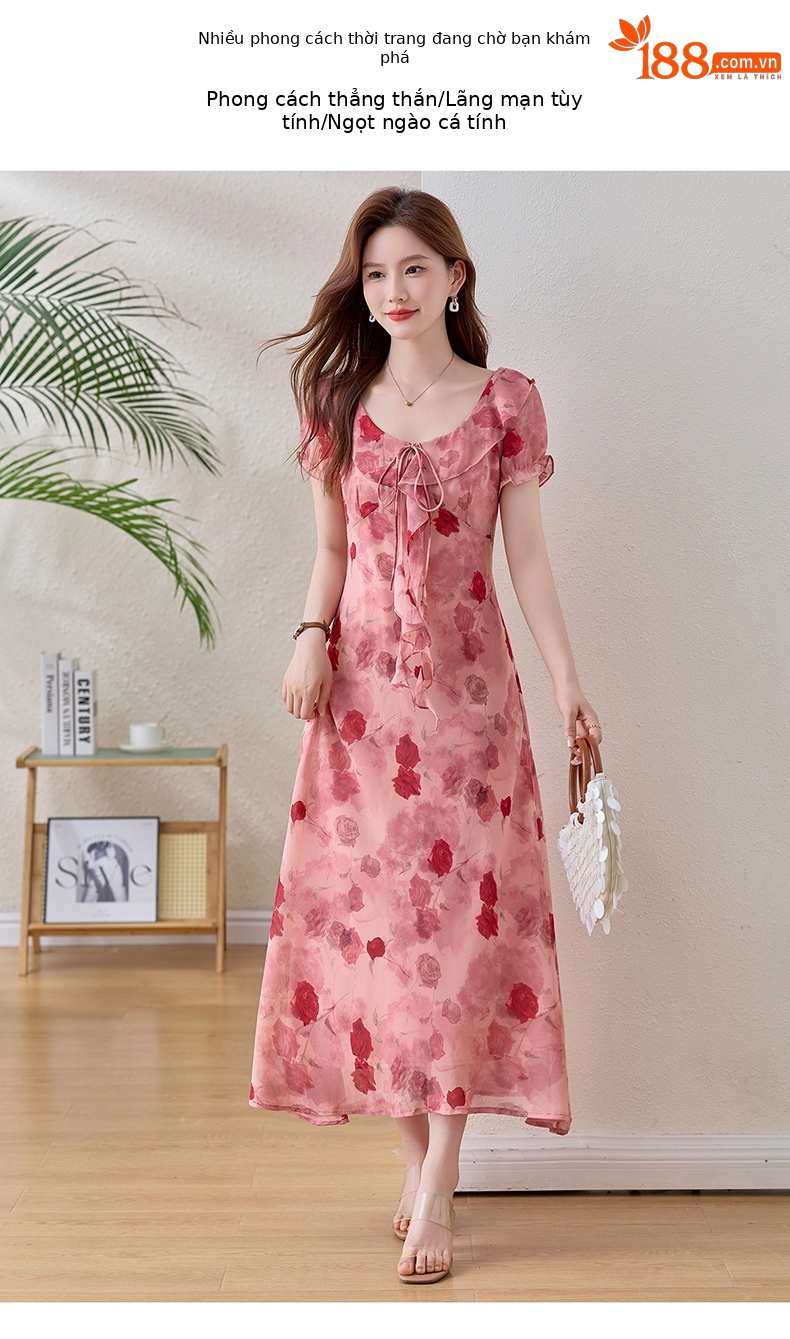 Đầm maxi nữ hoa hồng cổ V tay ngắn thắt eo — Hồng lãng mạn chi tiết 6