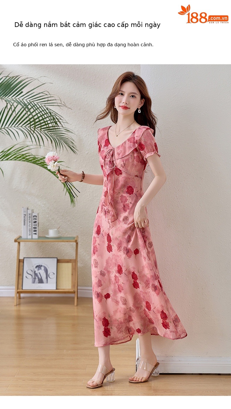 Đầm maxi nữ hoa hồng cổ V tay ngắn thắt eo — Hồng lãng mạn chi tiết 7