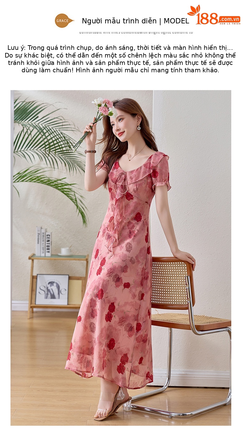 Đầm maxi nữ hoa hồng cổ V tay ngắn thắt eo — Hồng lãng mạn chi tiết 13