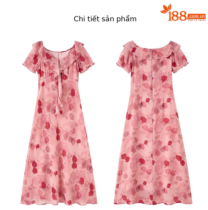 Đầm maxi nữ hoa hồng cổ V tay ngắn thắt eo — Hồng lãng mạn chi tiết 20
