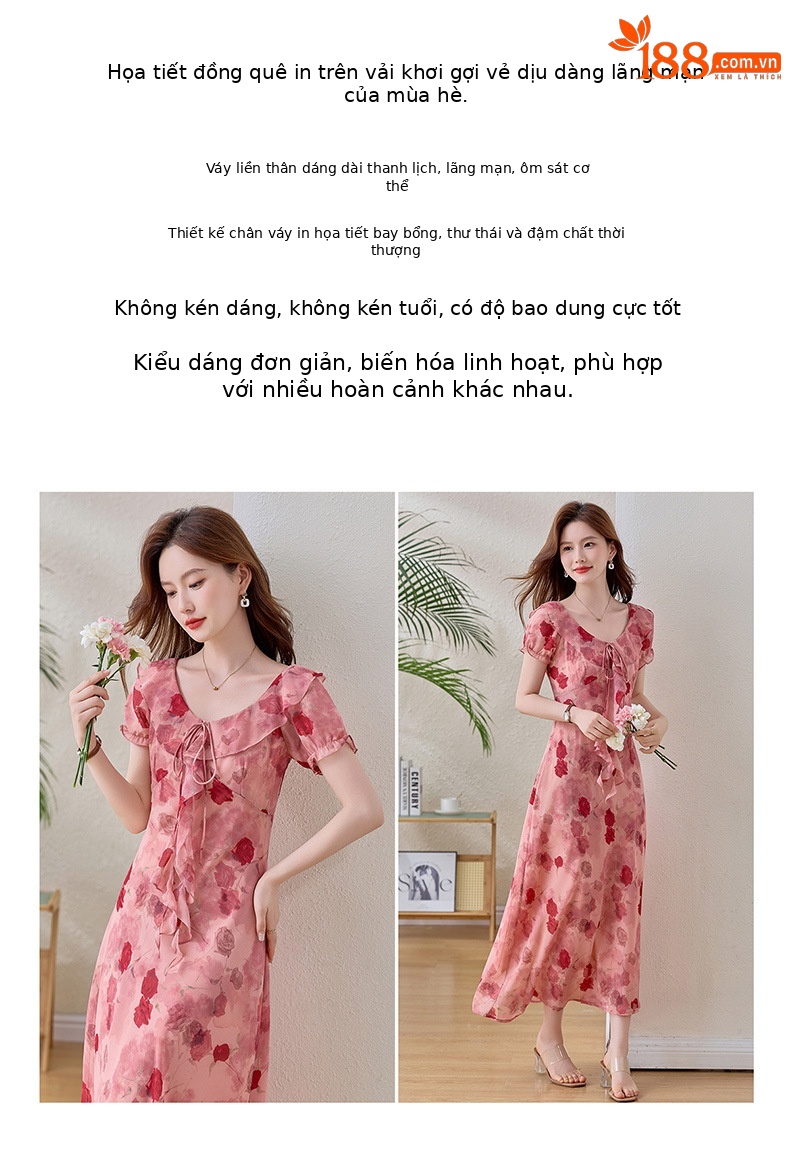 Đầm maxi nữ hoa hồng cổ V tay ngắn thắt eo — Hồng lãng mạn chi tiết 2