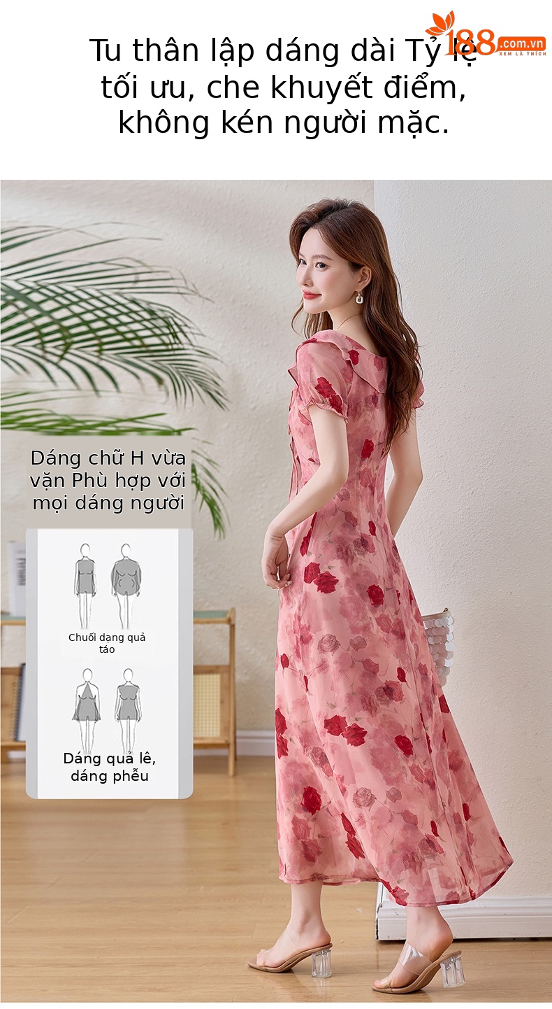 Đầm maxi nữ hoa hồng cổ V tay ngắn thắt eo — Hồng lãng mạn chi tiết 11