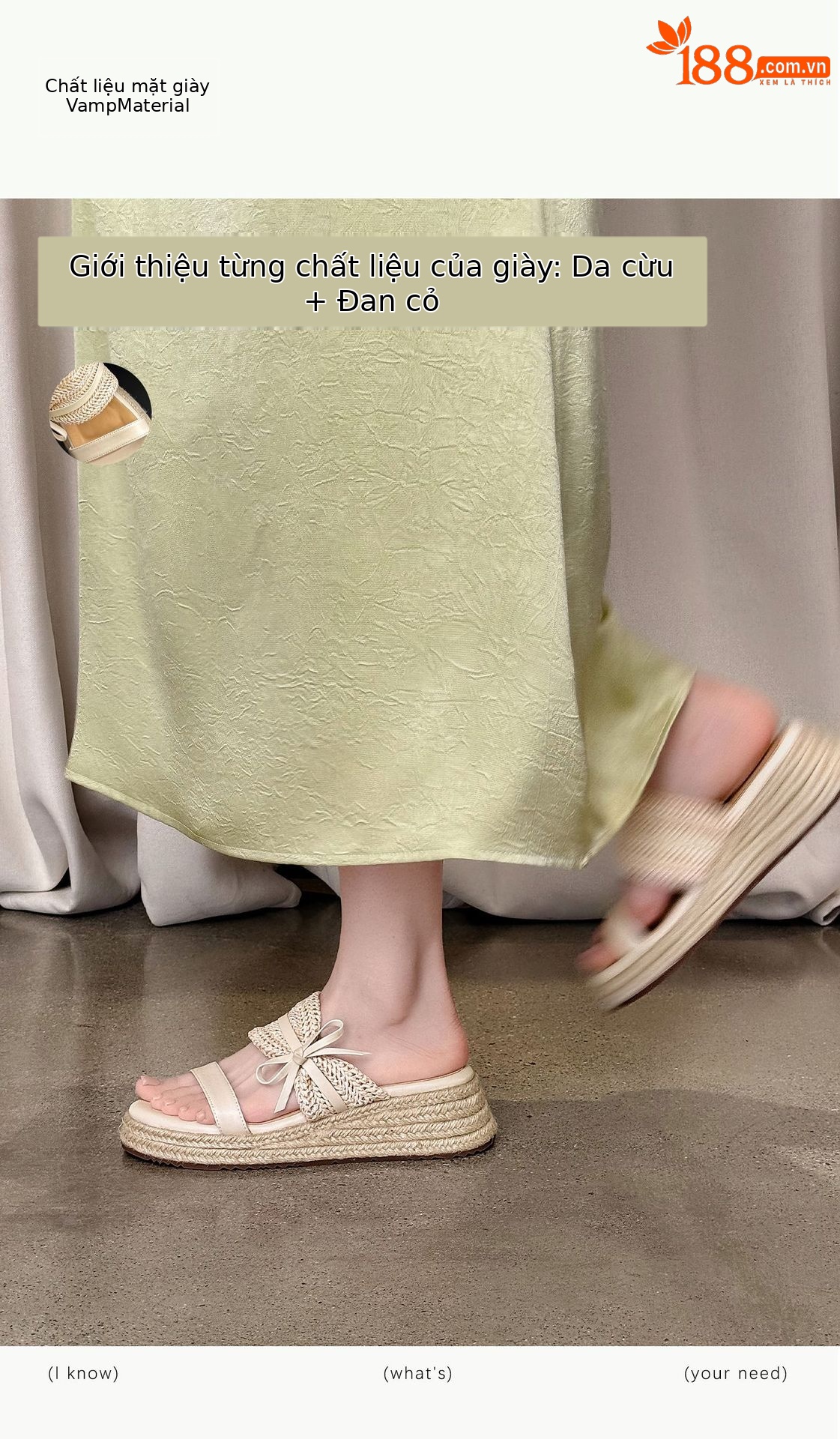 Dép sandal xỏ ngón nữ đế đan rơm cao gót nơ bướm — màu nâu, màu trắng ngà chi tiết 2