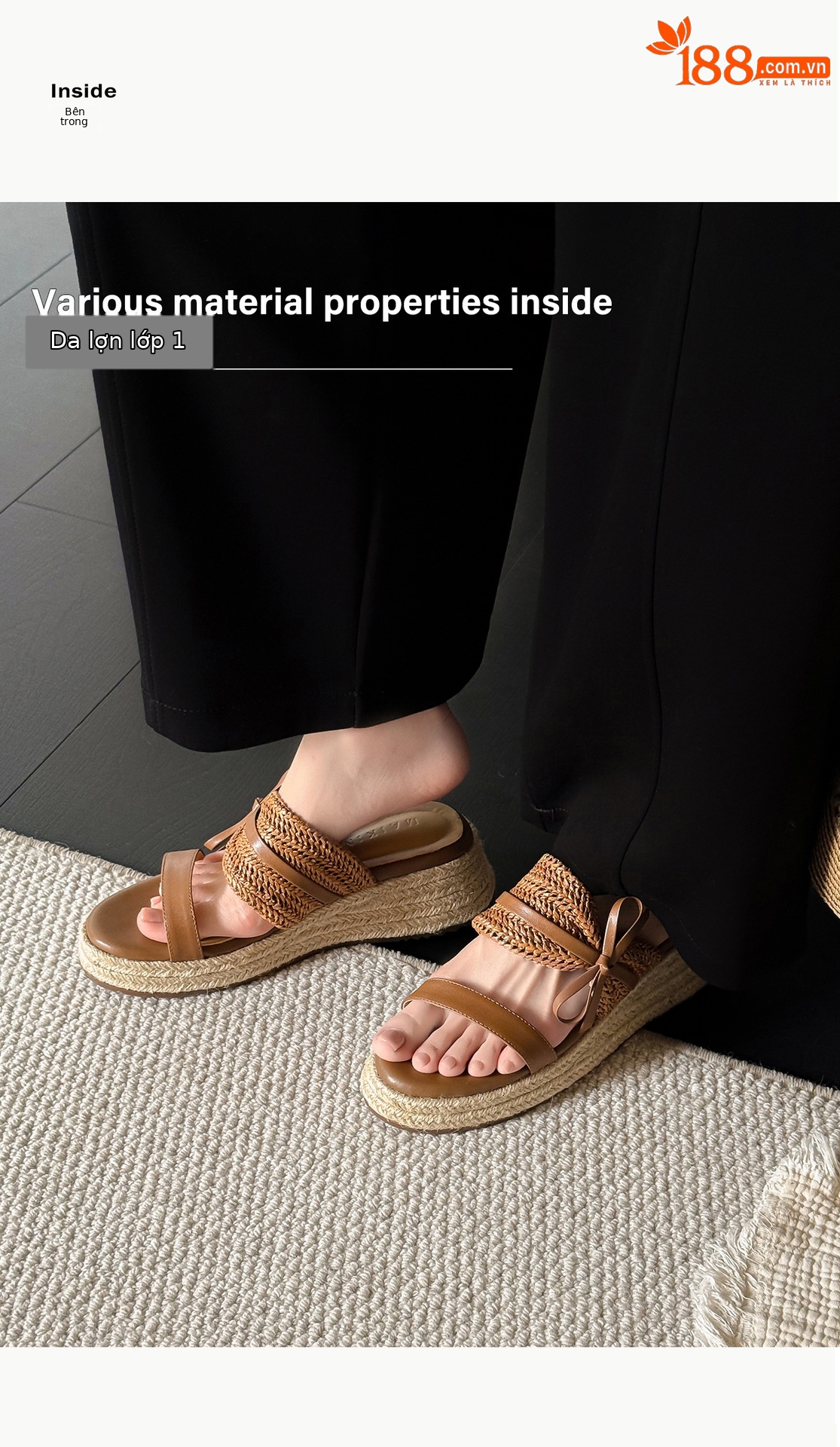 Dép sandal xỏ ngón nữ đế đan rơm cao gót nơ bướm — màu nâu, màu trắng ngà chi tiết 4