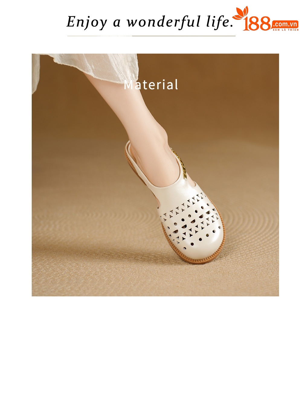 Dép sandal nữ da bò mũi trùm đế bệt kiểu lỗ thoáng khí — đen chi tiết 3