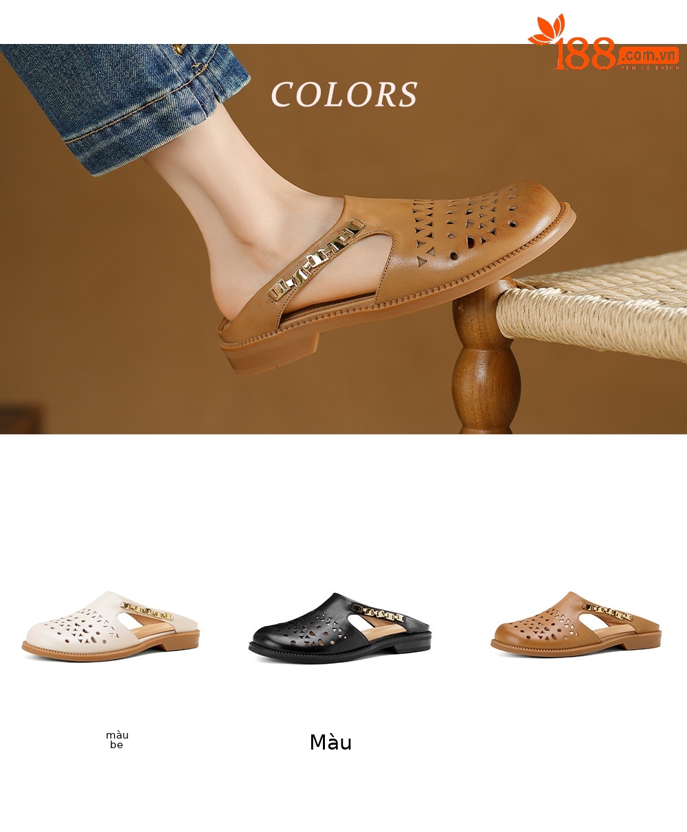 Dép sandal nữ da bò mũi trùm đế bệt kiểu lỗ thoáng khí — đen chi tiết 4