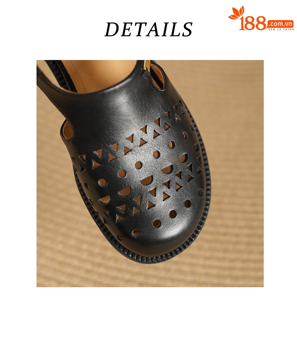 Dép sandal nữ da bò mũi trùm đế bệt kiểu lỗ thoáng khí — đen chi tiết 17