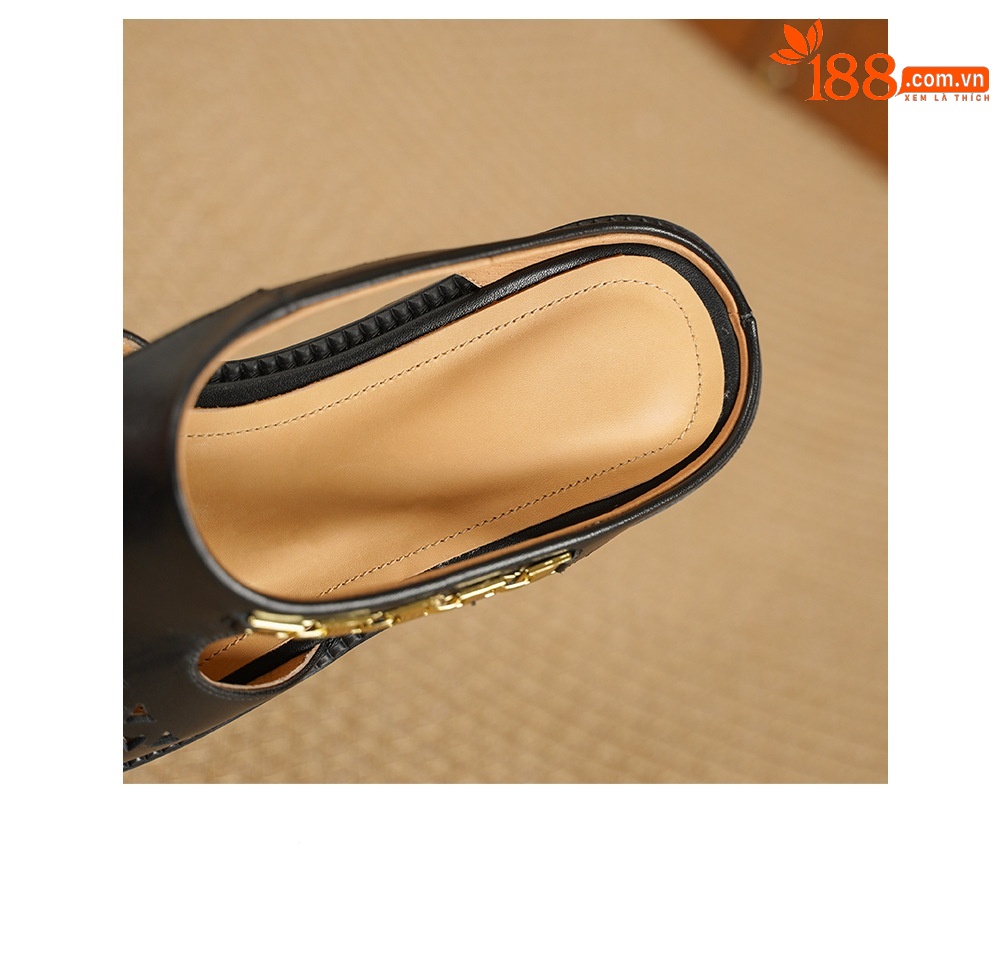 Dép sandal nữ da bò mũi trùm đế bệt kiểu lỗ thoáng khí — đen chi tiết 18