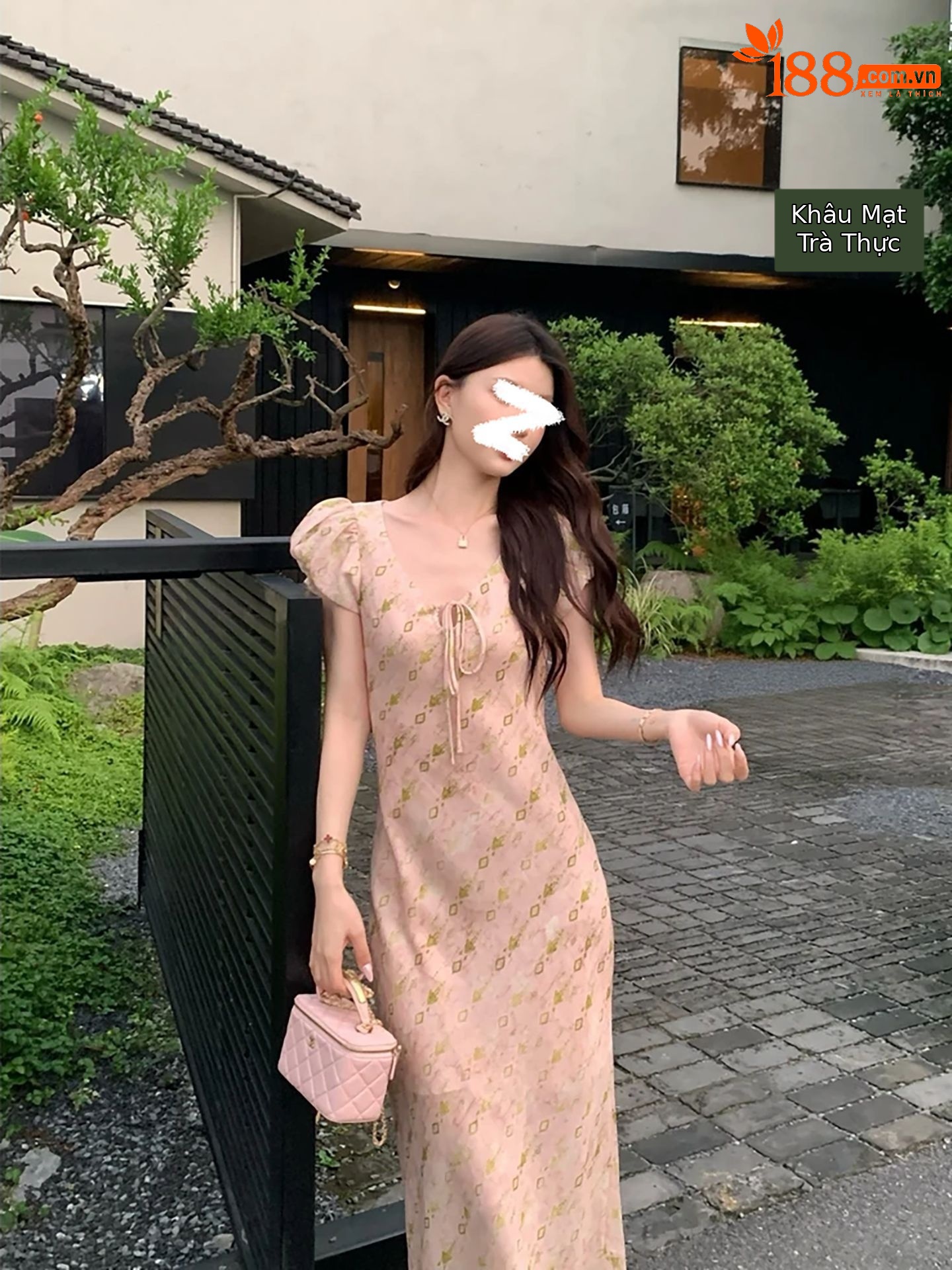 Đầm maxi nữ họa tiết hoa nhí cổ V tay bồng thắt eo dáng bay — màu hồng