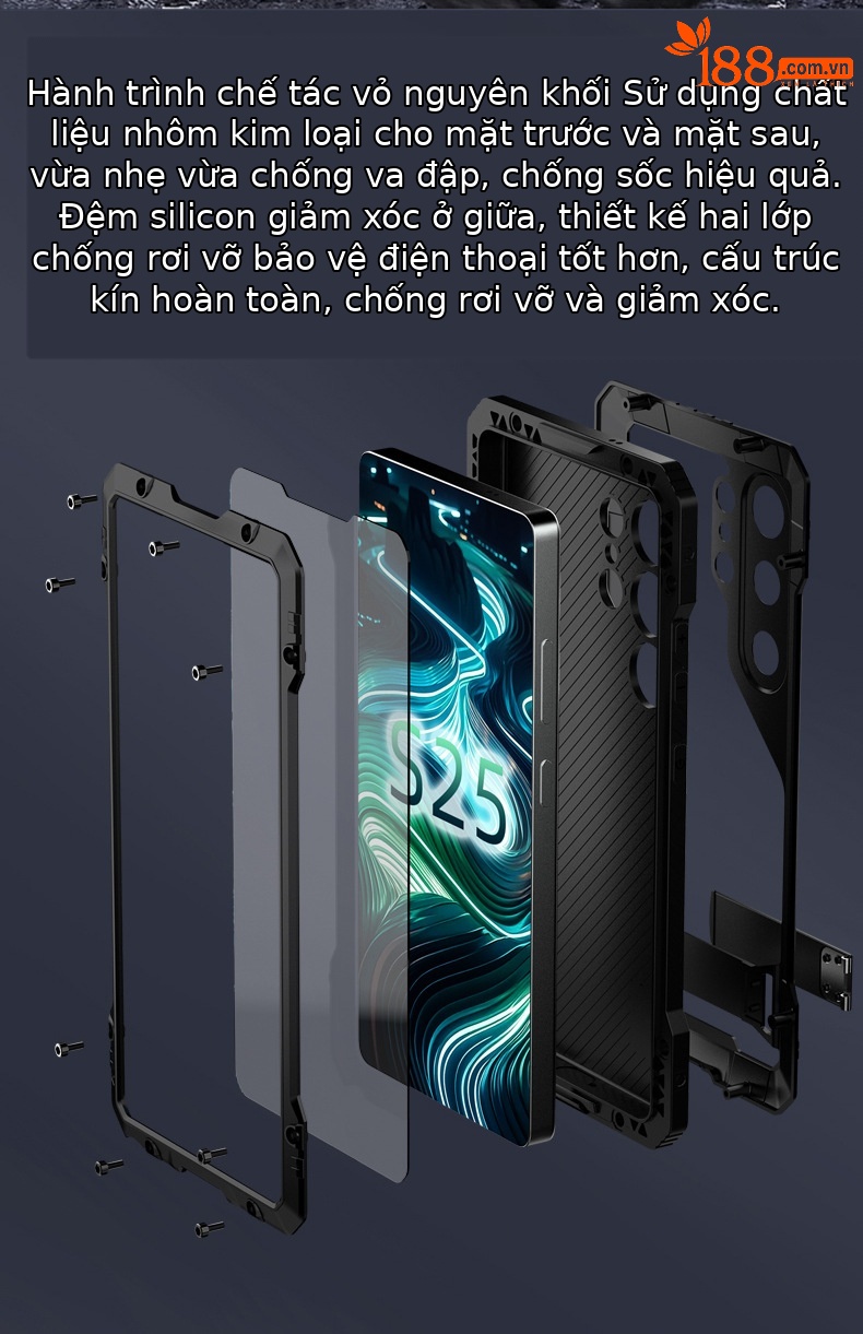 Ốp lưng kim loại chống sốc cho Samsung S25 Ultra, S25 Plus, S24 Ultra, S26 Ultra – có giá đỡ, chống bụi, chống rơi, thiết kế full wrap bảo vệ toàn diện — đen, đỏ chi tiết 11