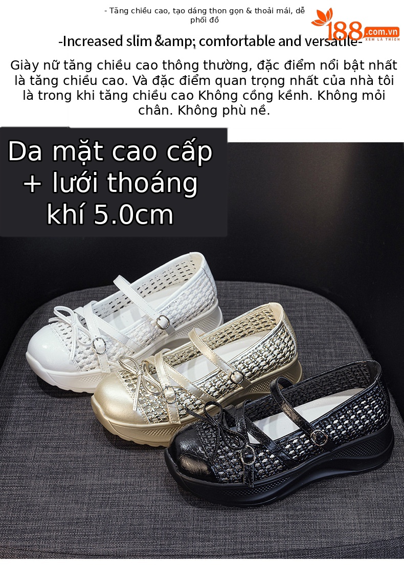 Giày sneaker nữ chunky đế dày dệt kim thoáng khí, phong cách Hàn Quốc, quai chéo, đế dày — Trắng 5097, Vàng 5097, Đen 5097 chi tiết 2