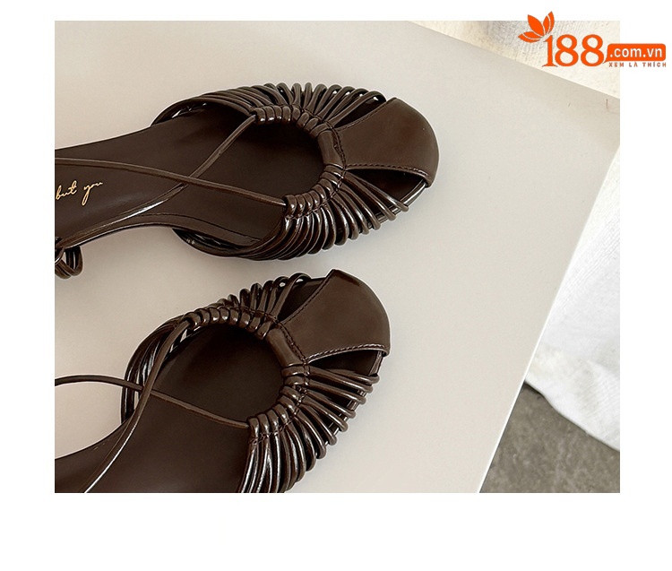 Sandal nữ quai mảnh buộc chéo gót trung bình phong cách Hàn Quốc — màu nâu chi tiết 10