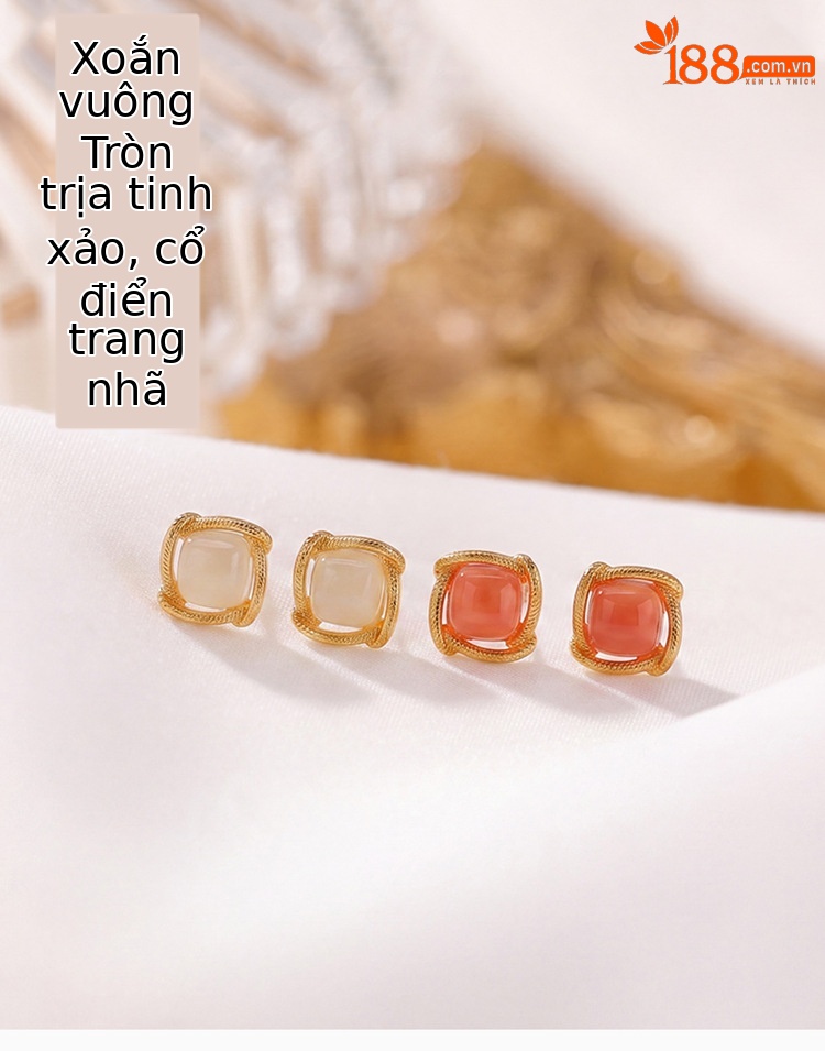 Khuyên tai bạc S925 mạ vàng đính ngọc Thanh Thủy hình học xoắn vuông — Thanh Thủy Ngọc chi tiết 1
