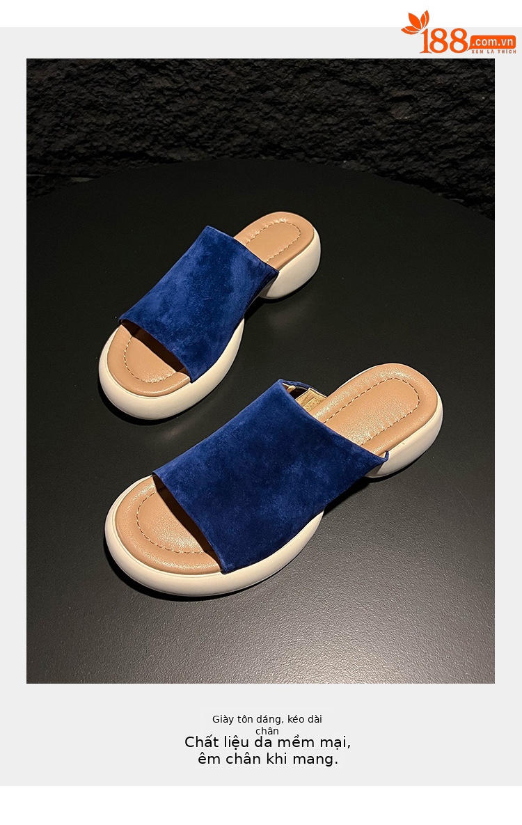 Dép sandal nữ quai ngang đế dày gót 5 cm, mềm êm, đi biển hè — xanh lam, nâu sẫm chi tiết 3