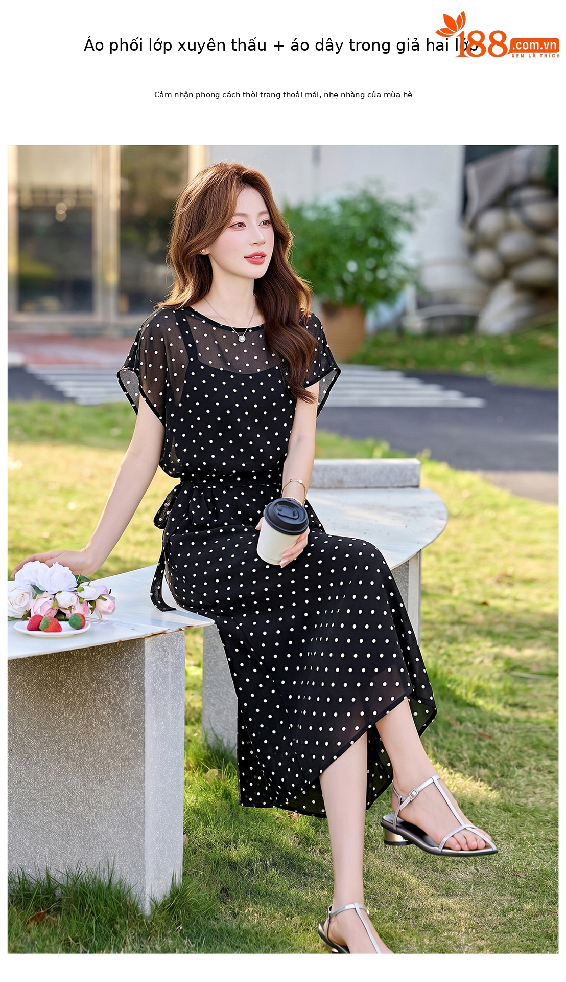 Đầm chữ A eo thắt dây tay ngắn cổ điển dáng midi — màu đen, Điểm sóng chi tiết 5