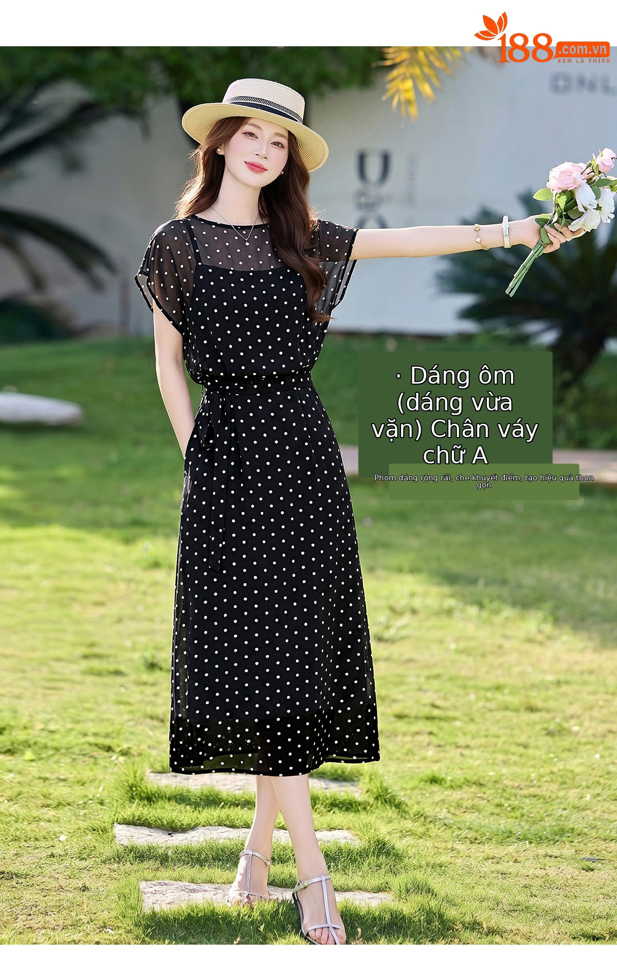 Đầm chữ A eo thắt dây tay ngắn cổ điển dáng midi — màu đen, Điểm sóng chi tiết 7