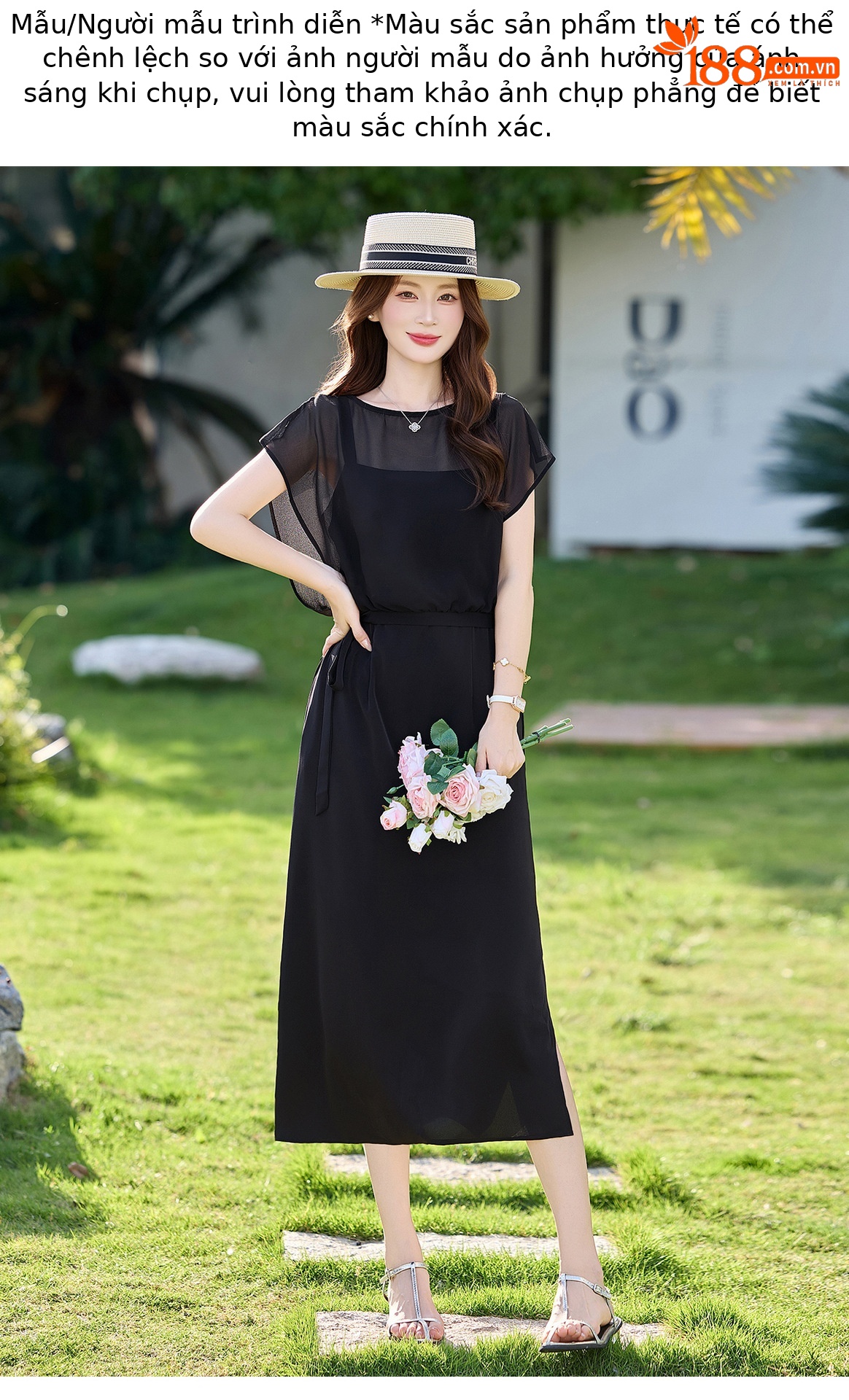 Đầm chữ A eo thắt dây tay ngắn cổ điển dáng midi — màu đen, Điểm sóng chi tiết 11